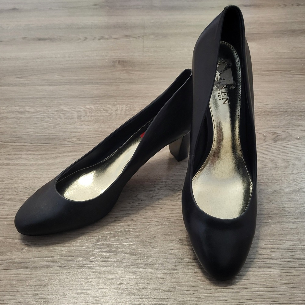 Lauren Ralph Lauren Hala Black Leather Block Heel Pumps Almond Toe Womens 9.5